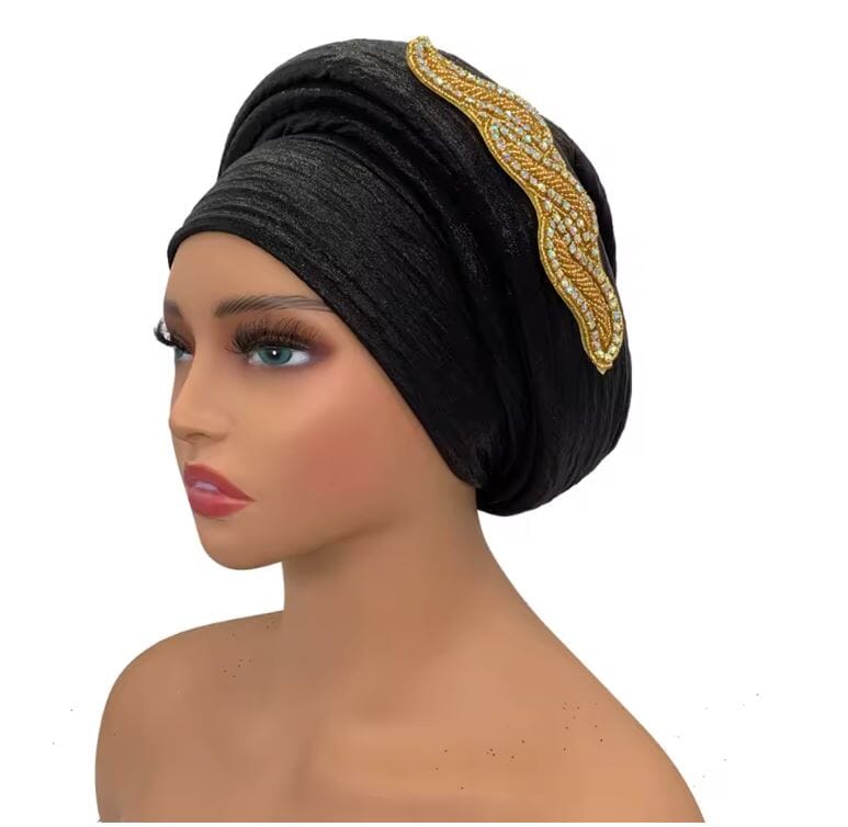 Women Turban Auto Gele Headtie Wrap Cap Hat jehouze Black 