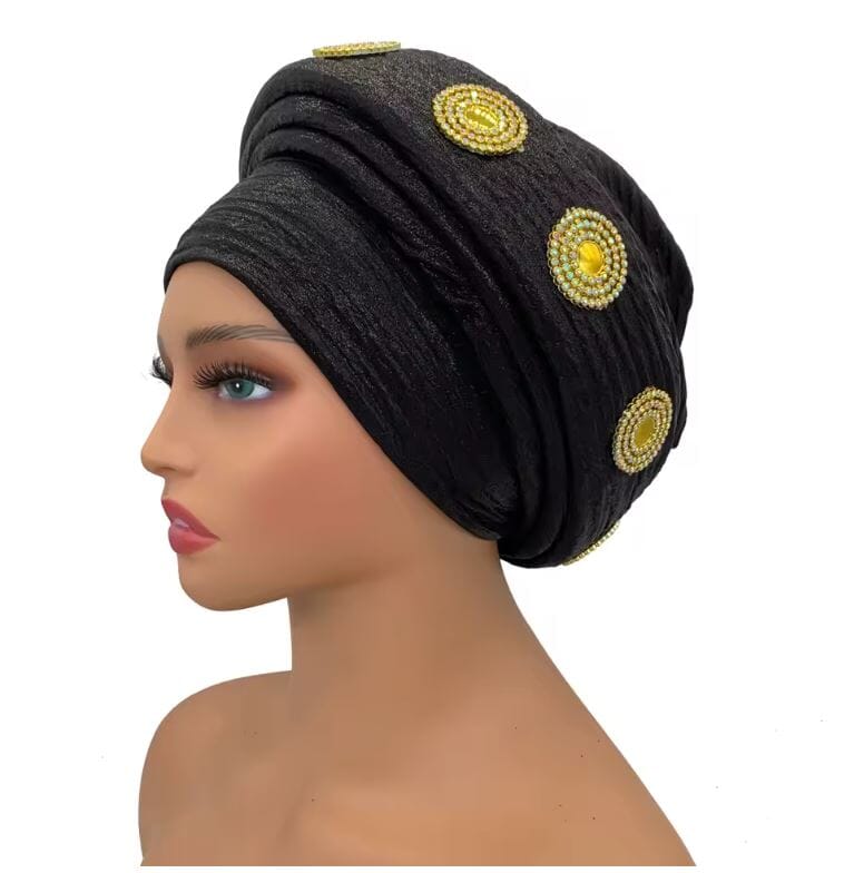 Women Turban Auto Gele Headtie Wrap Cap Hat jehouze black1 