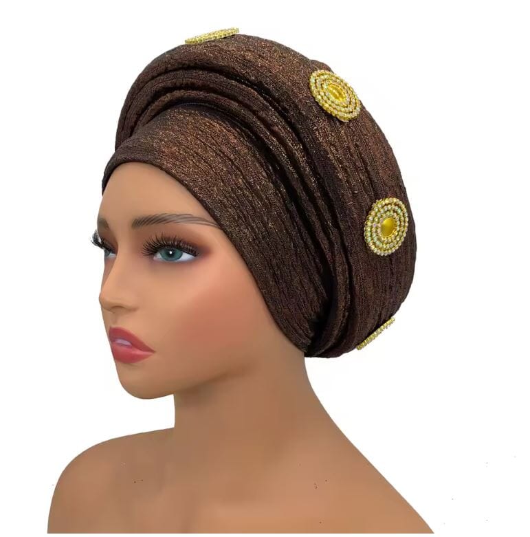 Women Turban Auto Gele Headtie Wrap Cap Hat jehouze Brown 
