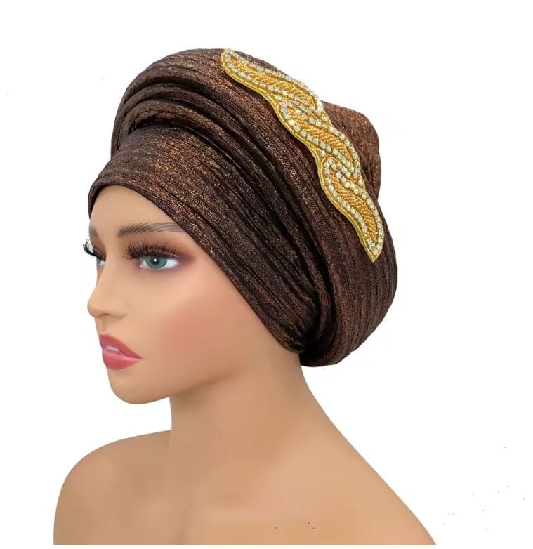 Women Turban Auto Gele Headtie Wrap Cap Hat jehouze Coffee Brown 