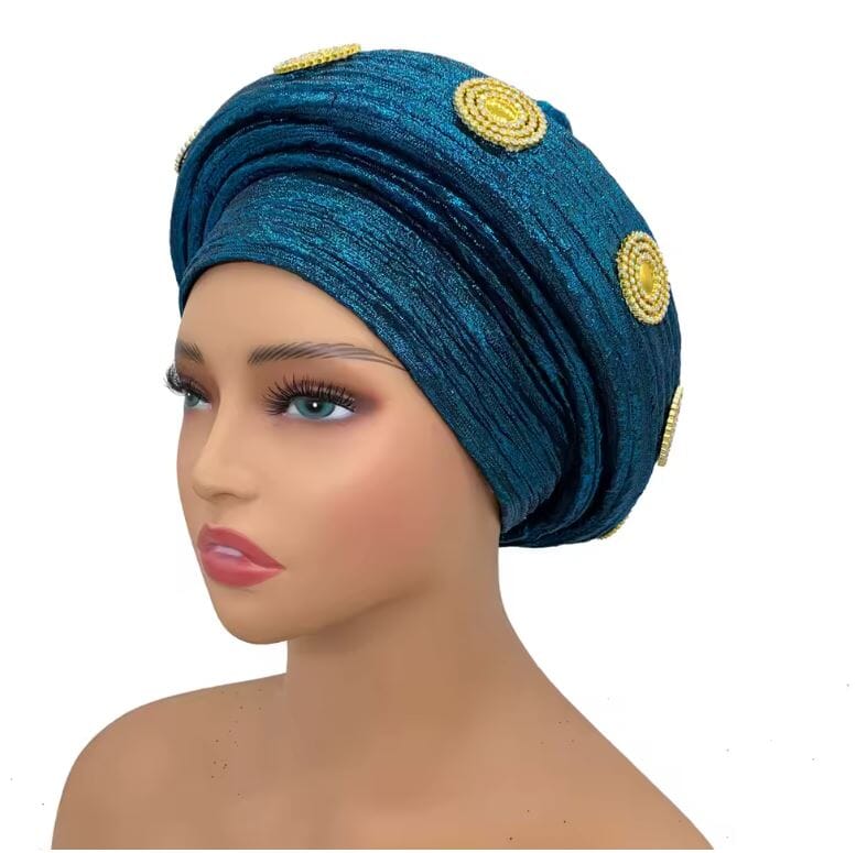 Women Turban Auto Gele Headtie Wrap Cap Hat jehouze Cyan1 
