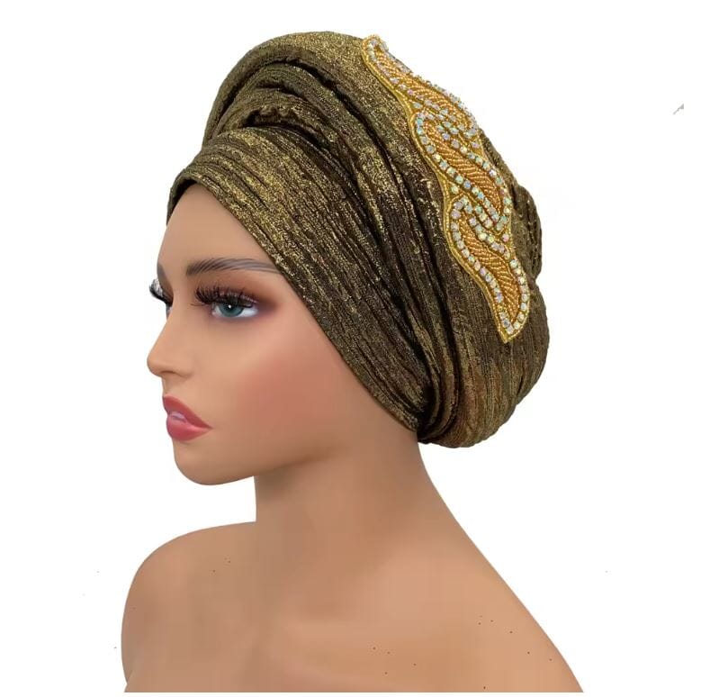Women Turban Auto Gele Headtie Wrap Cap Hat jehouze Gold 