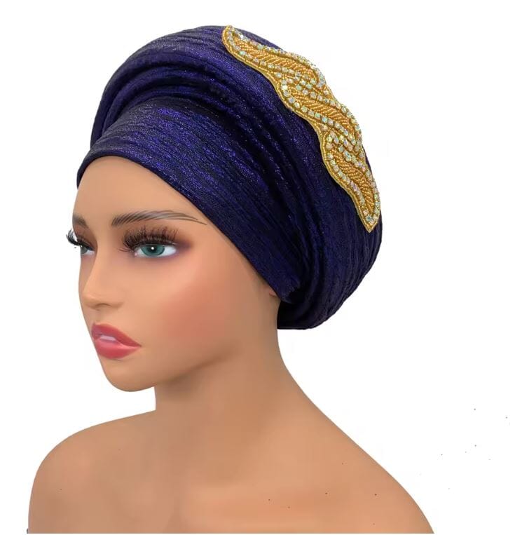 Women Turban Auto Gele Headtie Wrap Cap Hat jehouze Navy Blue 