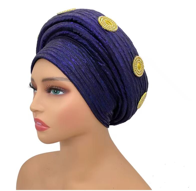 Women Turban Auto Gele Headtie Wrap Cap Hat jehouze Navy Blue1 