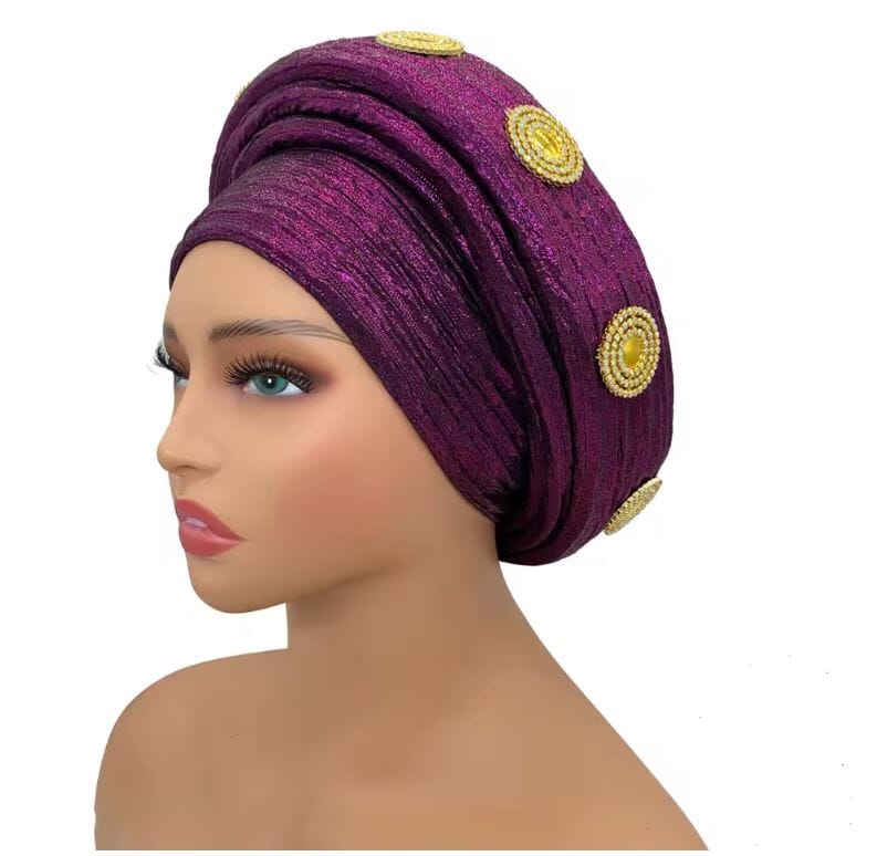 Women Turban Auto Gele Headtie Wrap Cap Hat jehouze Purple1 