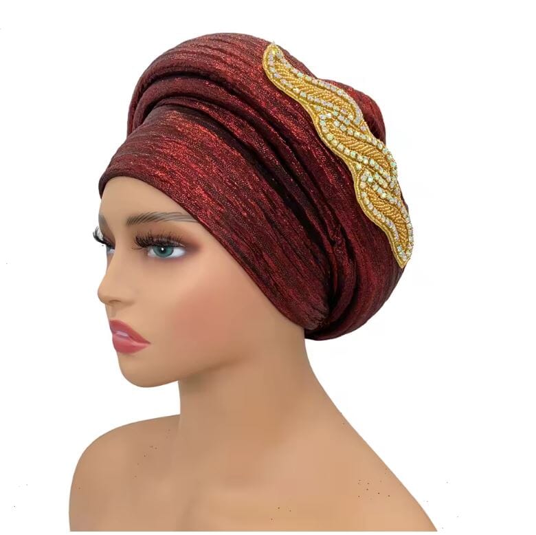 Women Turban Auto Gele Headtie Wrap Cap Hat jehouze Wine Red 