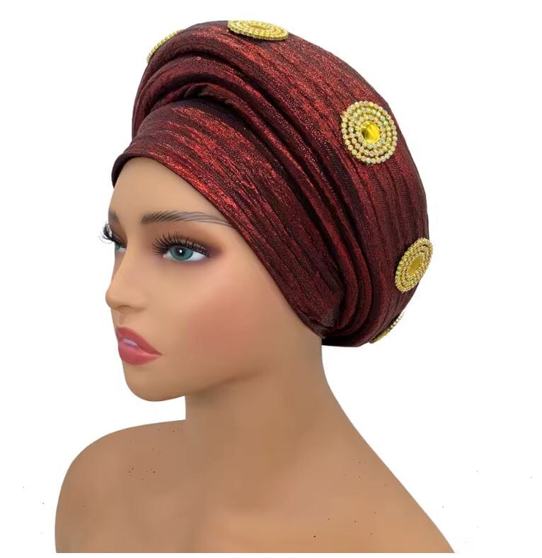 Women Turban Auto Gele Headtie Wrap Cap Hat jehouze Wine red1 