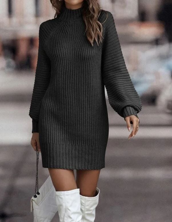 Women Turtleneck Long Sleeve Knit Stretchable Elasticity Slim Mini Sweater Dress Dresses jehouze Black S 