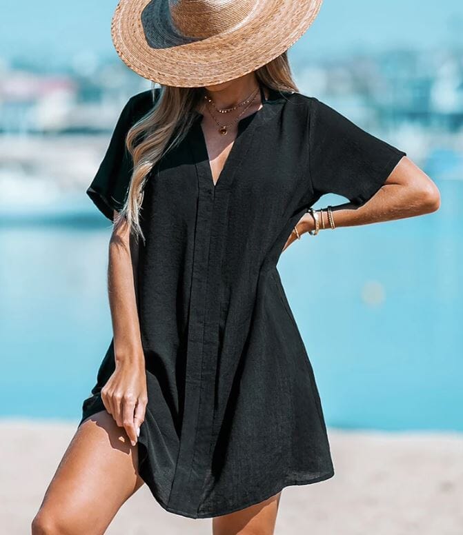 Women V Neck Short Sleeve Semi Sheer Beach Cover up mini Dress Dresses jehouze 