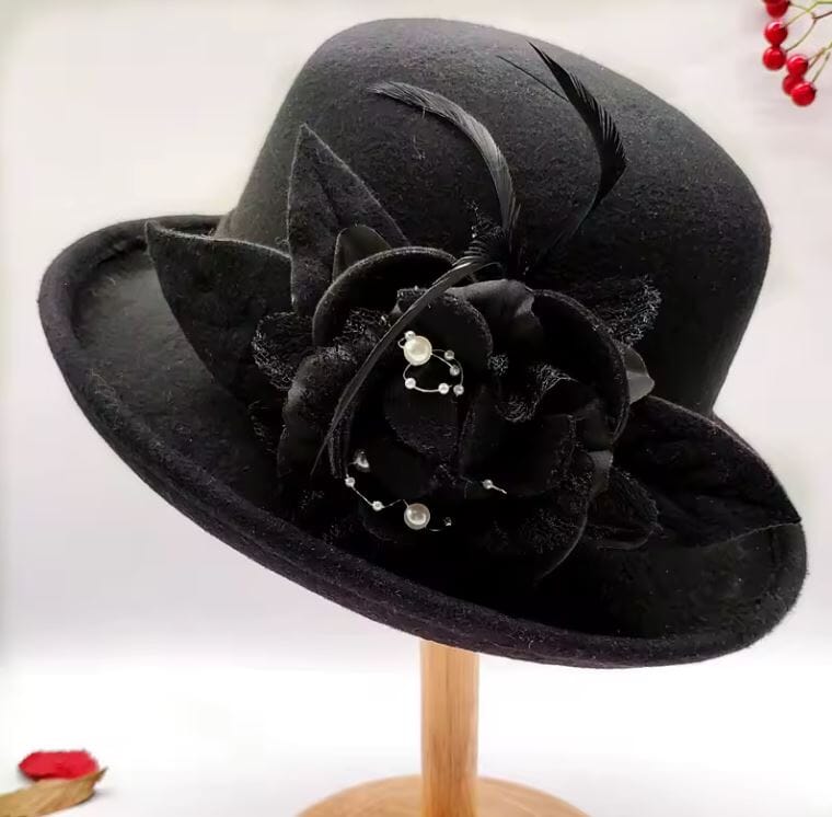 Women Vintage Flower Wool Fedoras Bowler Wedding Tea Party Hat Hat jehouze Black 