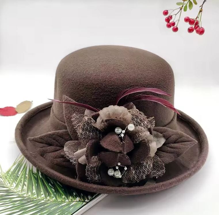Women Vintage Flower Wool Fedoras Bowler Wedding Tea Party Hat Hat jehouze Coffee Brown 