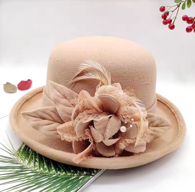 Women Vintage Flower Wool Fedoras Bowler Wedding Tea Party Hat Hat jehouze Khaki 