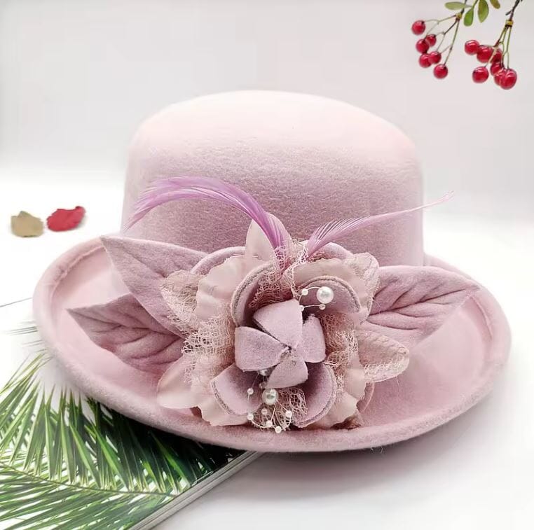 Women Vintage Flower Wool Fedoras Bowler Wedding Tea Party Hat Hat jehouze Pink Purple 
