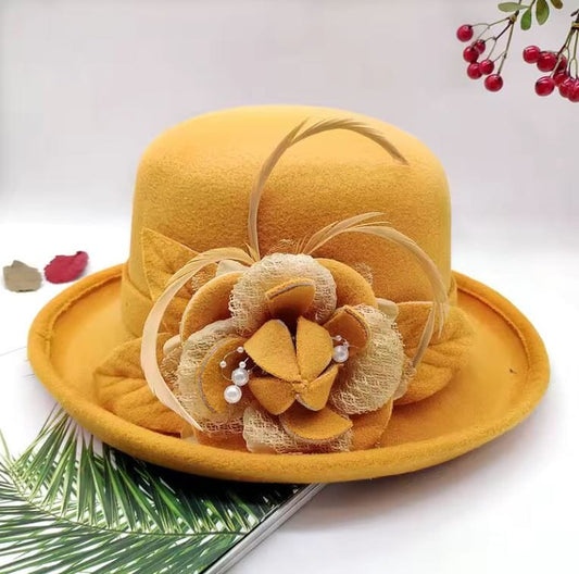 Women Vintage Flower Wool Fedoras Bowler Wedding Tea Party Hat Hat jehouze Tumeric Yellow 