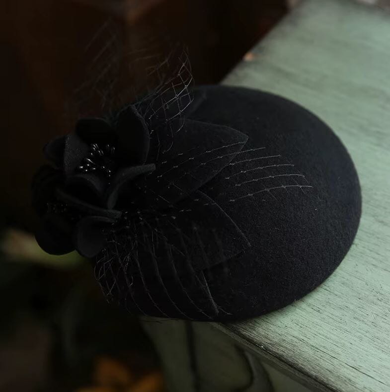 Women Vintage Wool Cashmere British Flower Tea Party Derby Hat Fascinators jehouze Black 