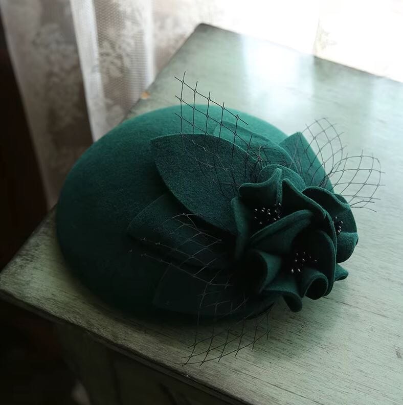 Women Vintage Wool Cashmere British Flower Tea Party Derby Hat Fascinators jehouze Dark Green 