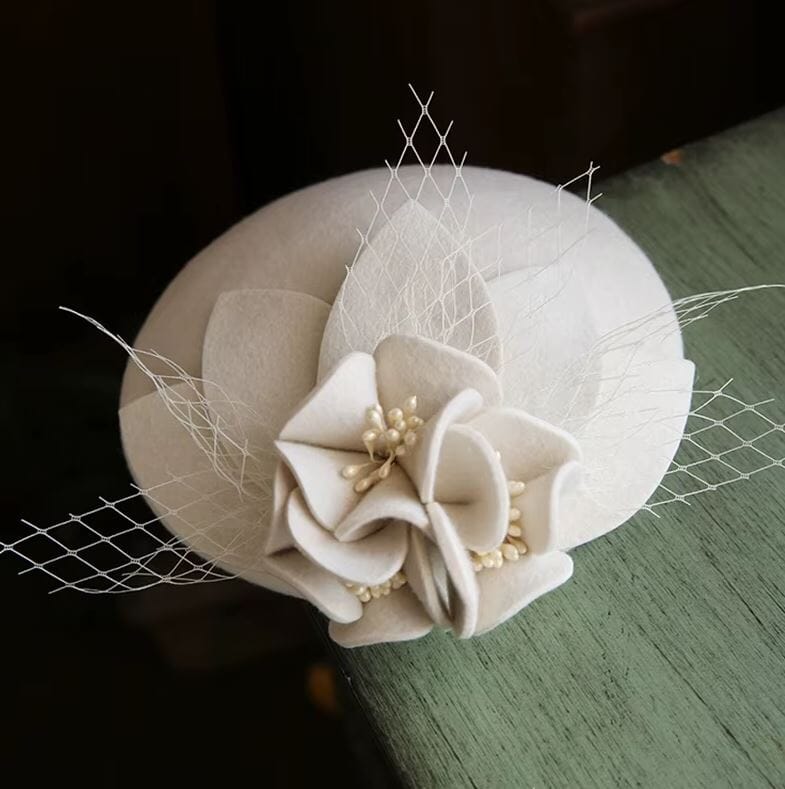 Women Vintage Wool Cashmere British Flower Tea Party Derby Hat Fascinators jehouze Ivory white 