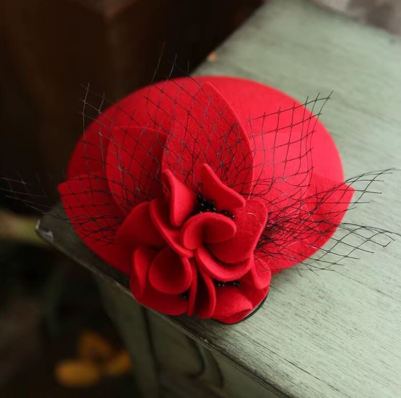 Women Vintage Wool Cashmere British Flower Tea Party Derby Hat Fascinators jehouze Red 