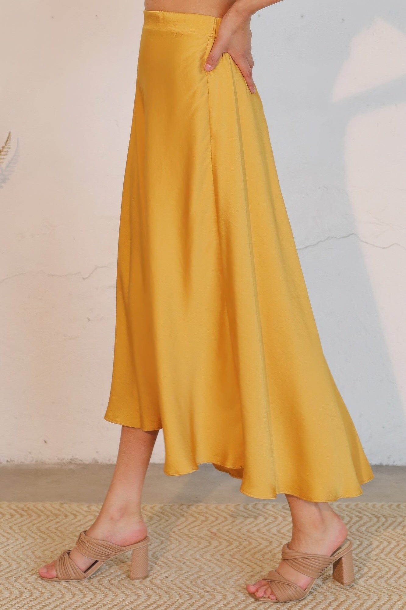 Women Washed Poly Silk Midi Swing Skirt Skirts jehouze 