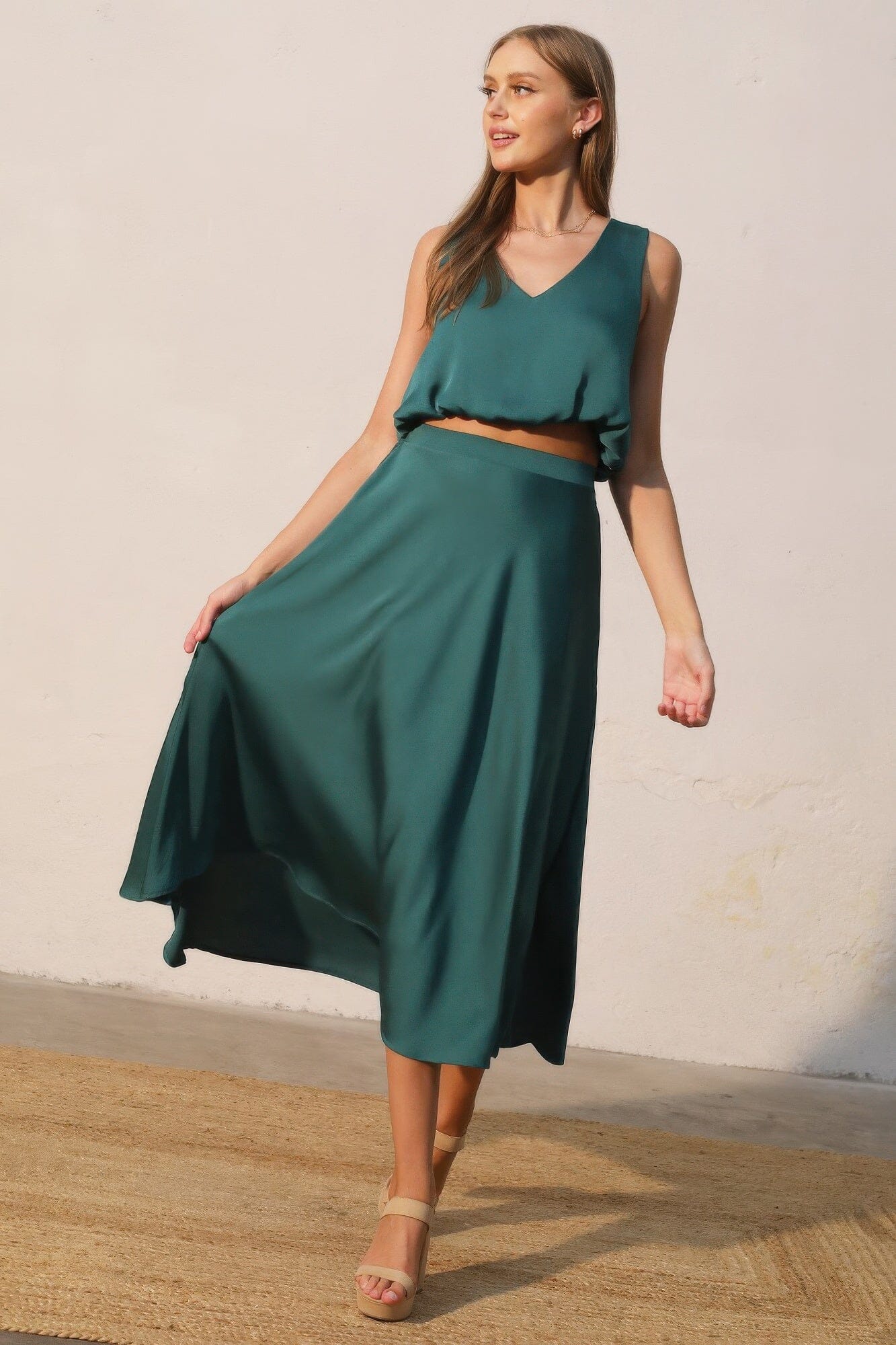 Women Washed Poly Silk Midi Swing Skirt Skirts jehouze 