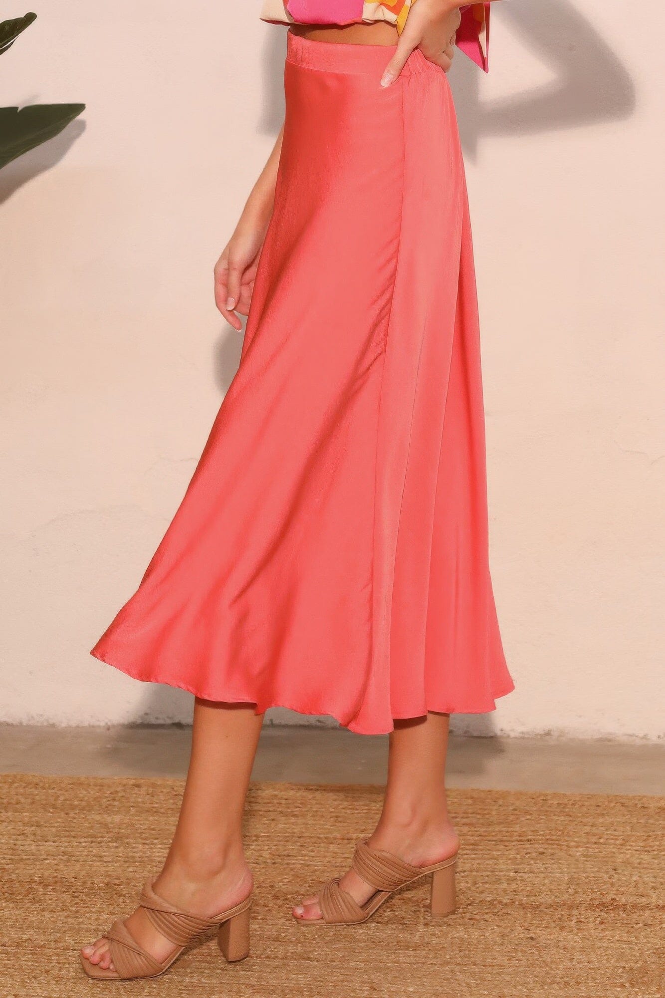Women Washed Poly Silk Midi Swing Skirt Skirts jehouze 