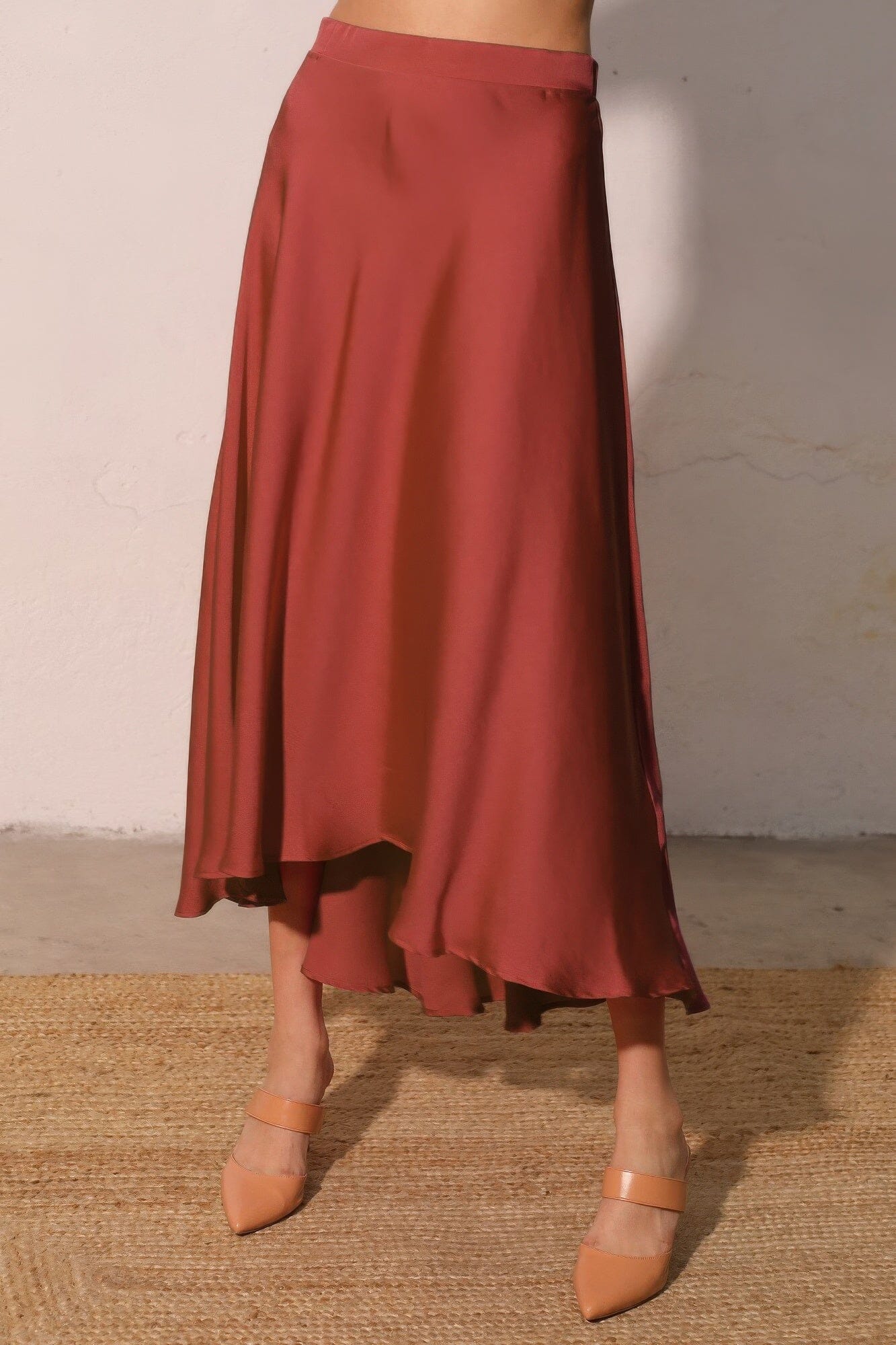 Women Washed Poly Silk Midi Swing Skirt Skirts jehouze Brown S 