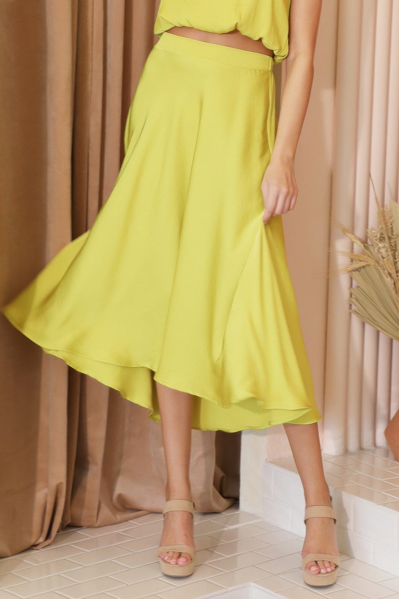 Women Washed Poly Silk Midi Swing Skirt Skirts jehouze Chartreuse S 