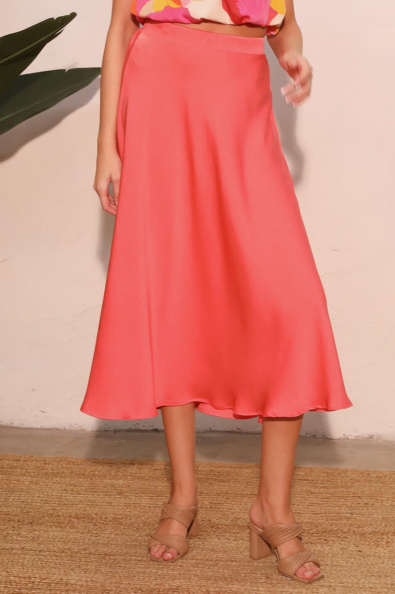 Women Washed Poly Silk Midi Swing Skirt Skirts jehouze Coral S 