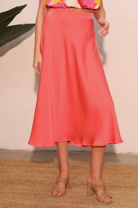 Women Washed Poly Silk Midi Swing Skirt Skirts jehouze Coral S 
