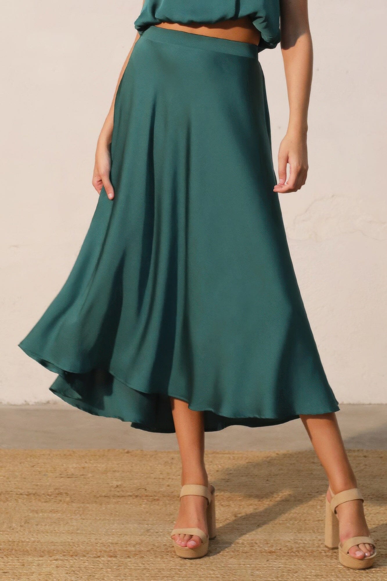 Women Washed Poly Silk Midi Swing Skirt Skirts jehouze Forrest green S 