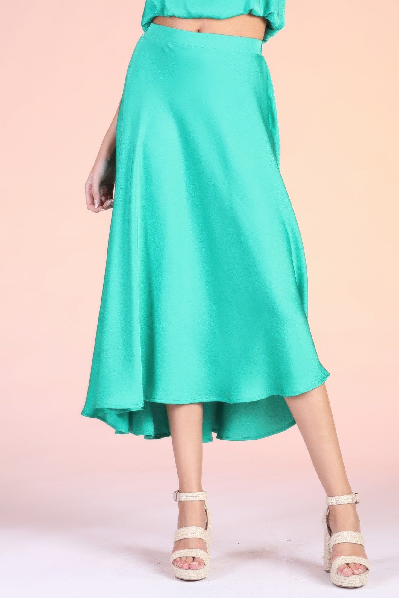 Women Washed Poly Silk Midi Swing Skirt Skirts jehouze Green S 