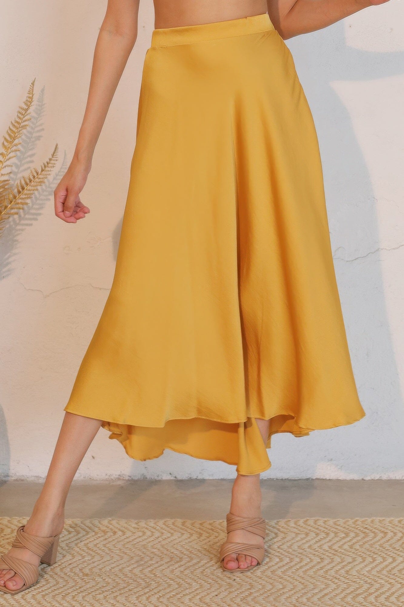 Women Washed Poly Silk Midi Swing Skirt Skirts jehouze Mustard S 