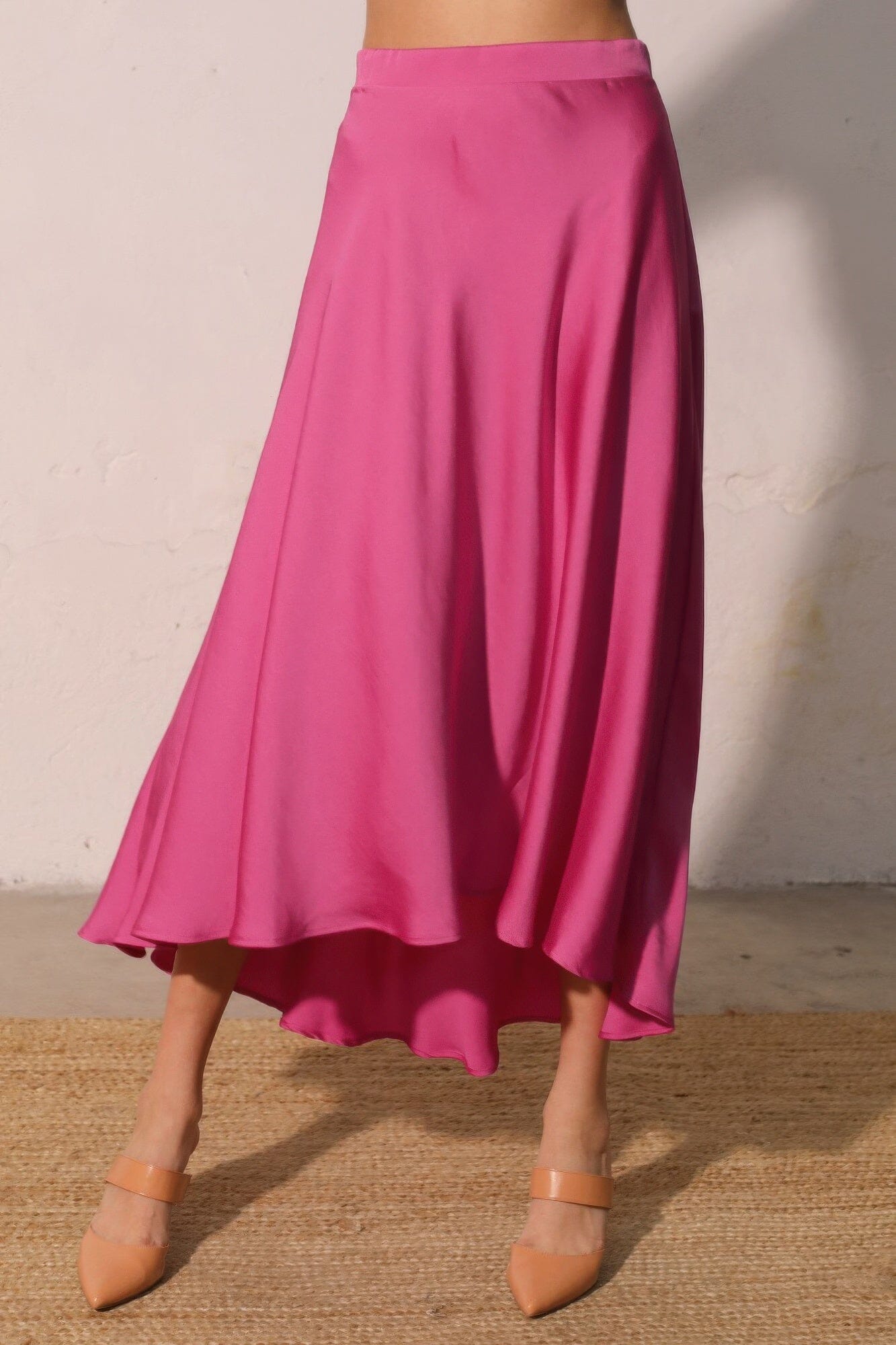 Women Washed Poly Silk Midi Swing Skirt Skirts jehouze Pink S 
