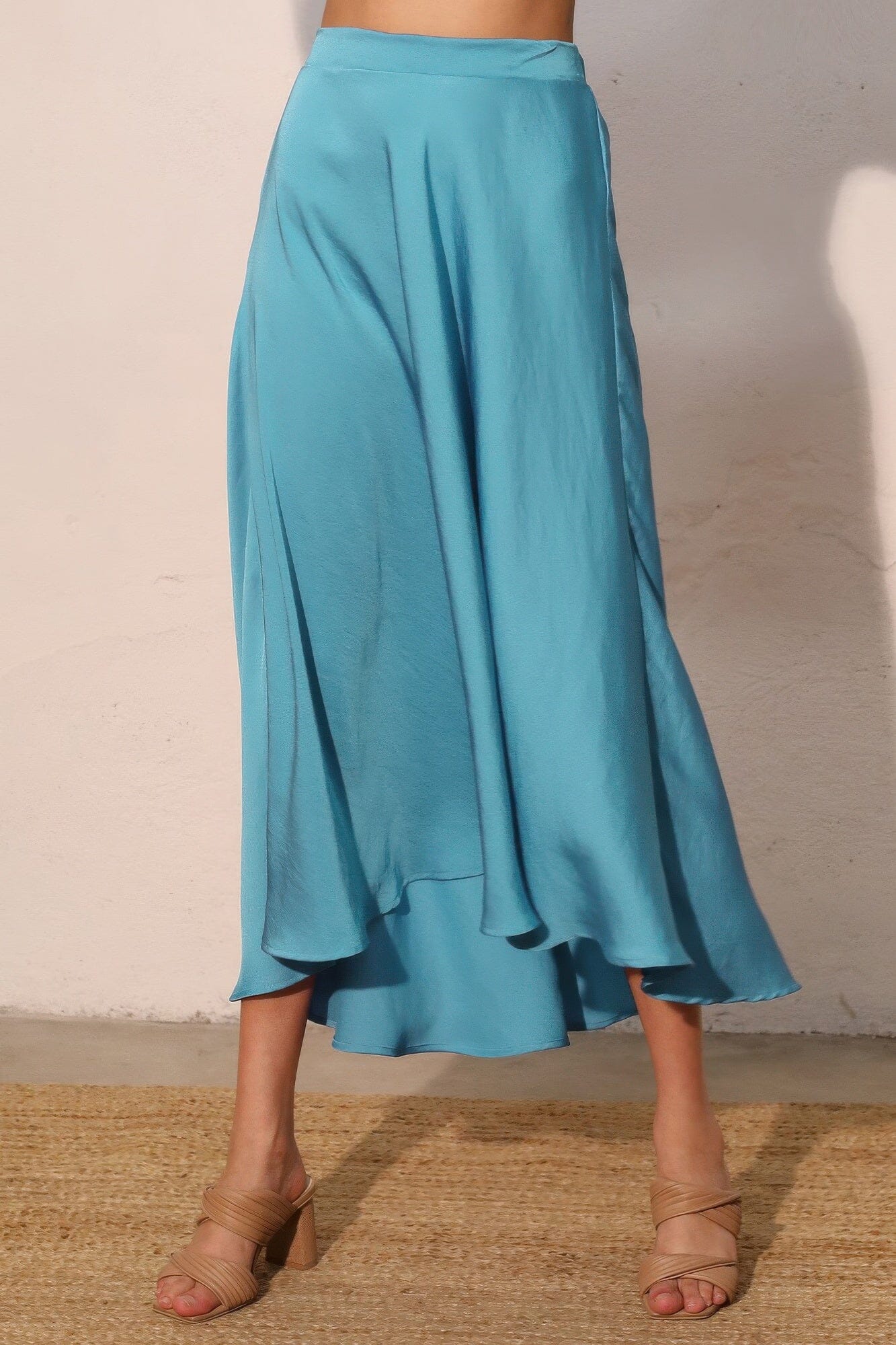 Women Washed Poly Silk Midi Swing Skirt Skirts jehouze Turquoise S 
