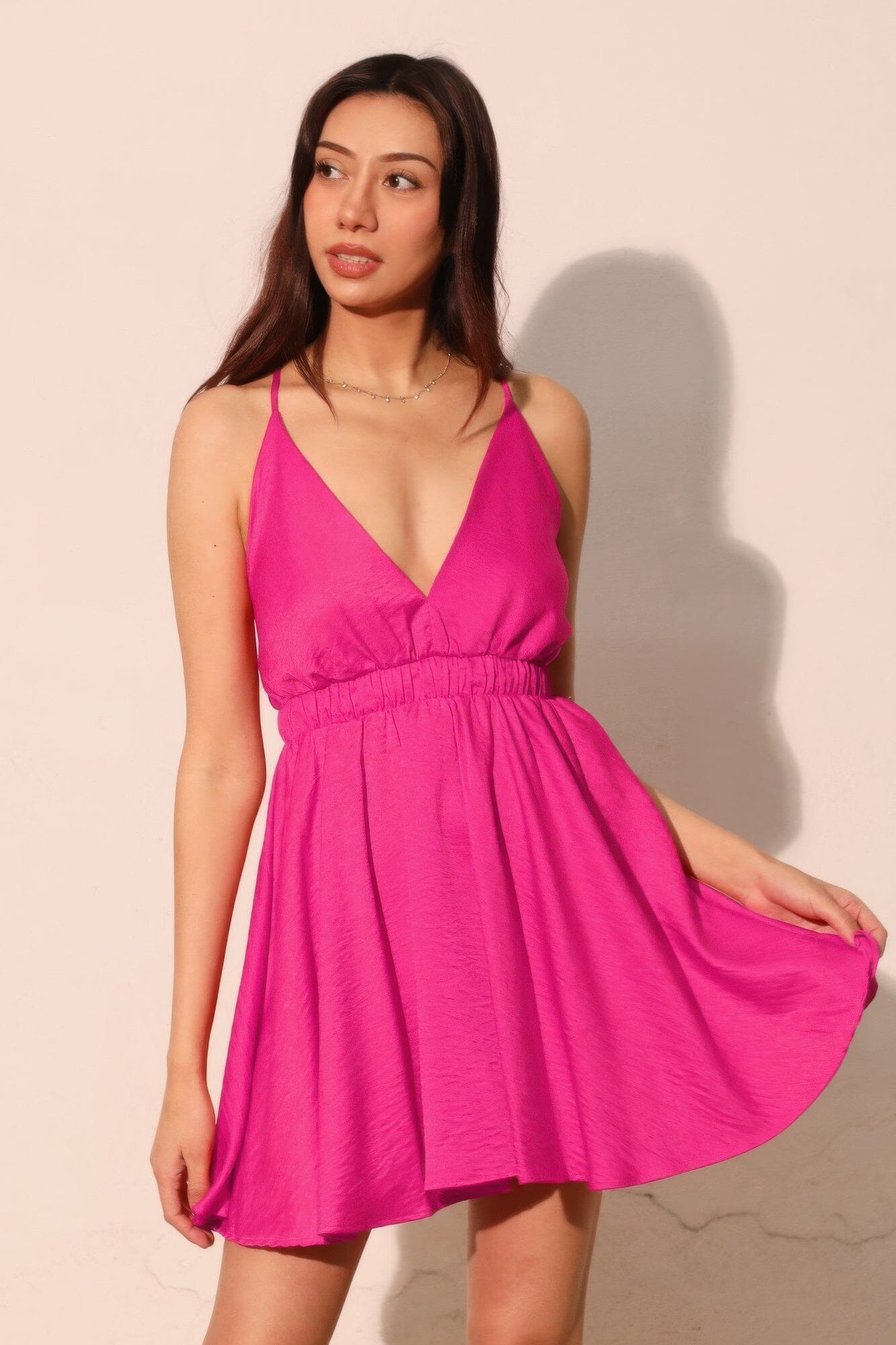 Women Washed Satin Crepe Cami Skater Dress Dresses jehouze Fuchsia S 