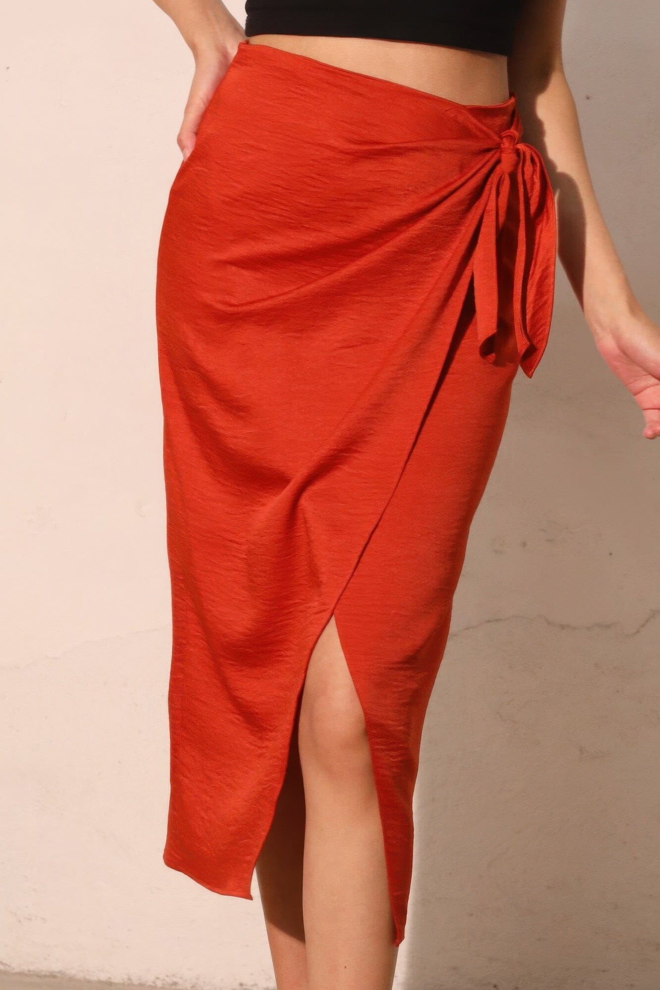 Women Washed Satin Crepe Side Wrap Midi Skirt Skirts jehouze 