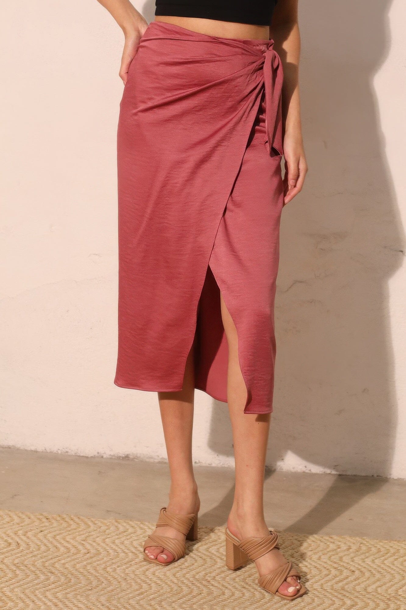 Women Washed Satin Crepe Side Wrap Midi Skirt Skirts jehouze 