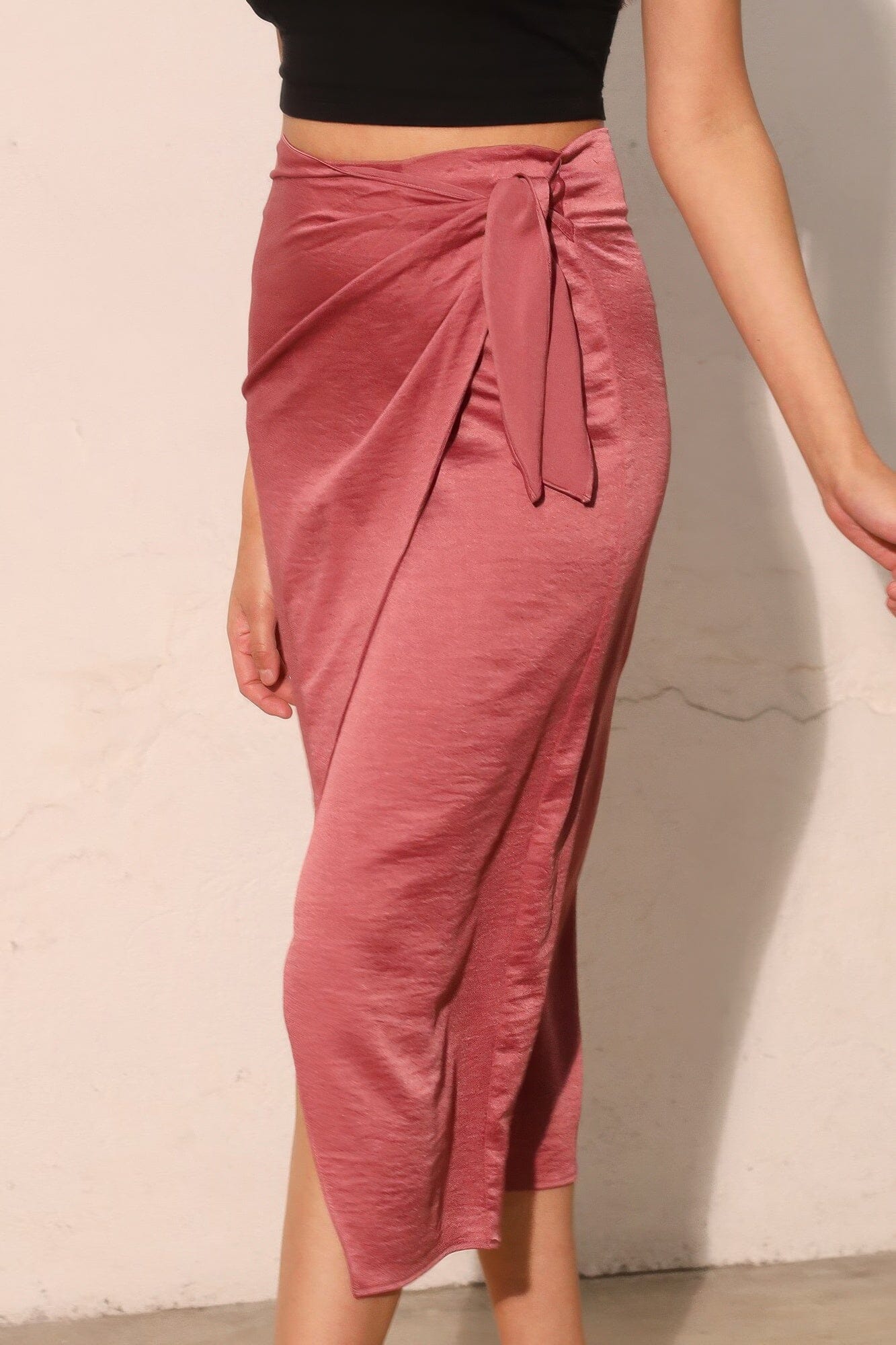 Women Washed Satin Crepe Side Wrap Midi Skirt Skirts jehouze 
