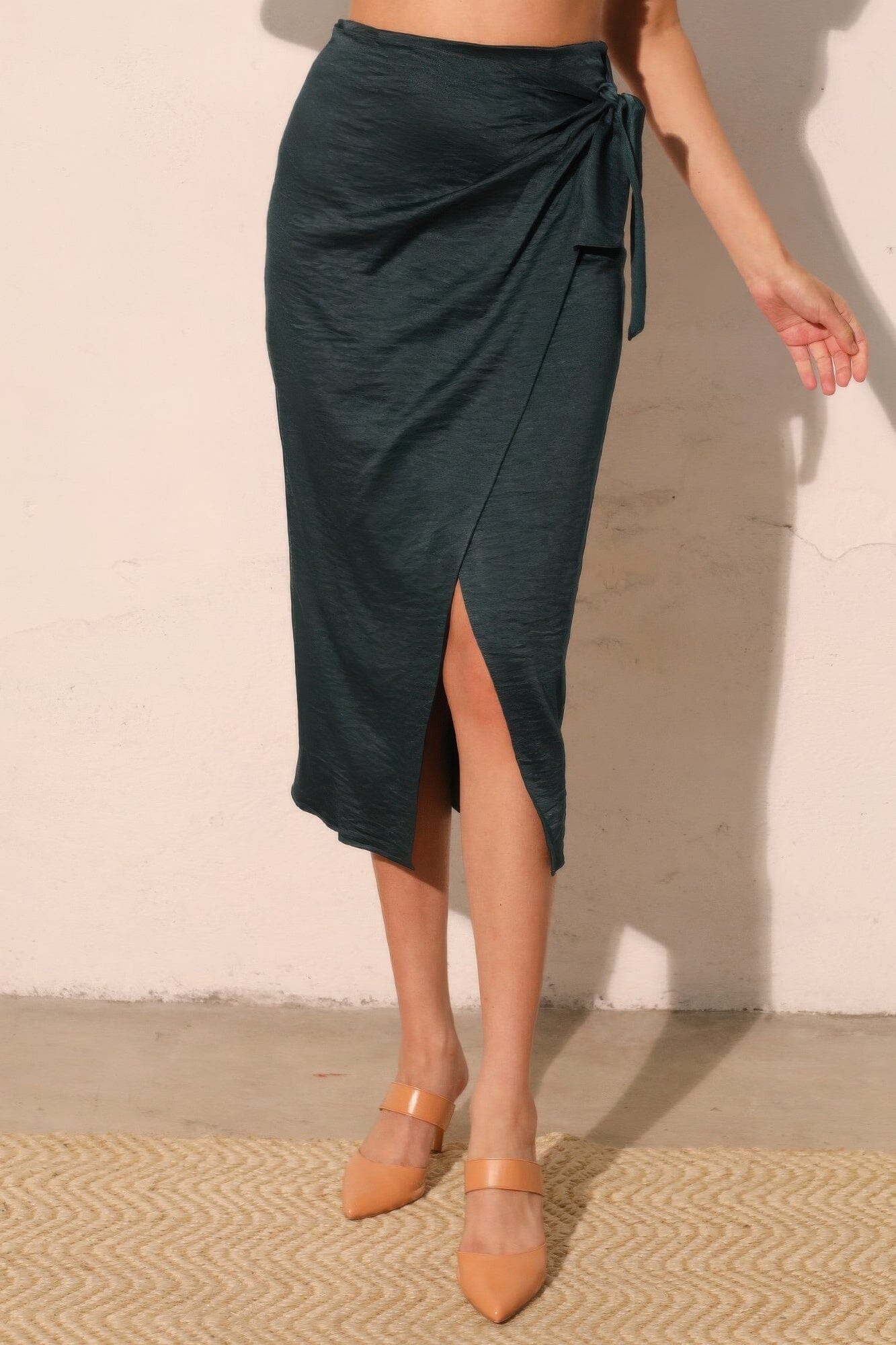 Women Washed Satin Crepe Side Wrap Midi Skirt Skirts jehouze 