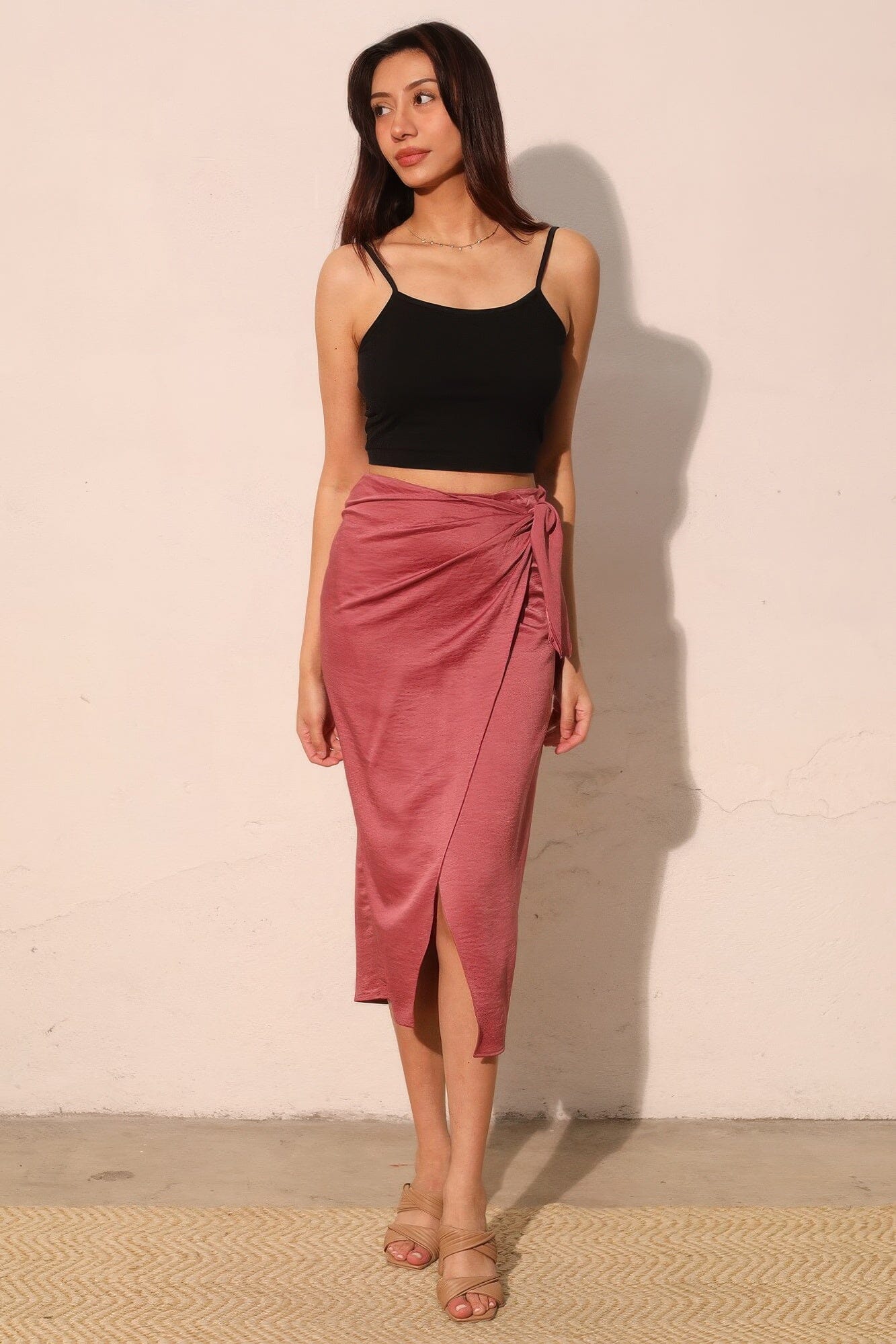 Women Washed Satin Crepe Side Wrap Midi Skirt Skirts jehouze Mulberry S 