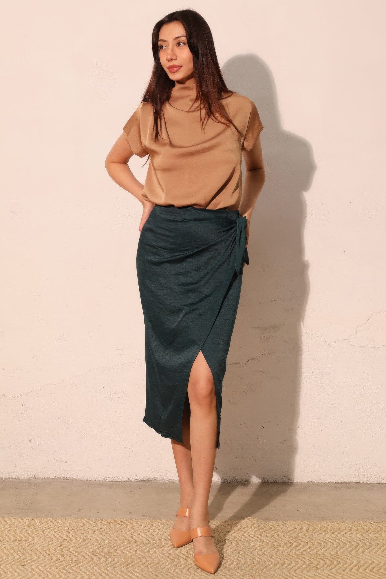 Women Washed Satin Crepe Side Wrap Midi Skirt Skirts jehouze Pine green S 
