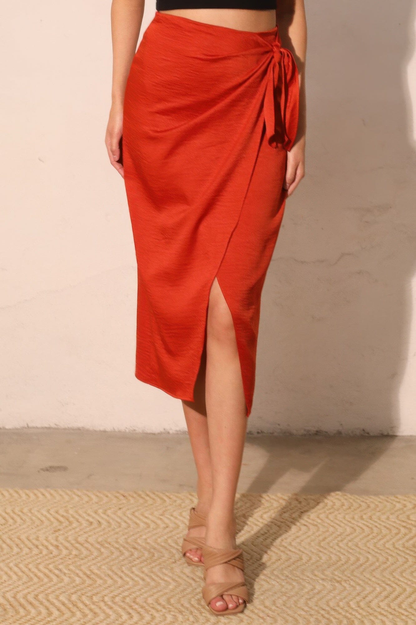 Women Washed Satin Crepe Side Wrap Midi Skirt Skirts jehouze Rust S 