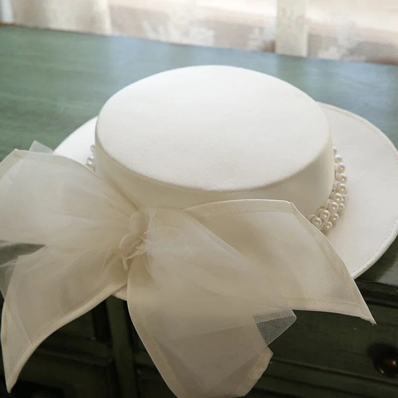 Women White Bow Elegant Pearl Bridal Headwear Wedding Hat Hat jehouze 