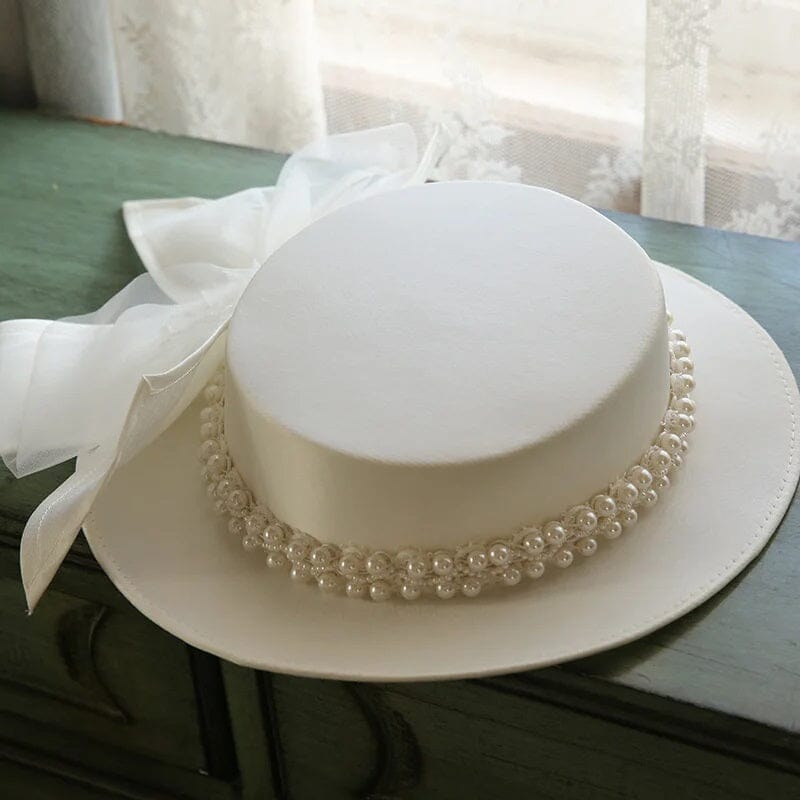 Women White Bow Elegant Pearl Bridal Headwear Wedding Hat Hat jehouze 