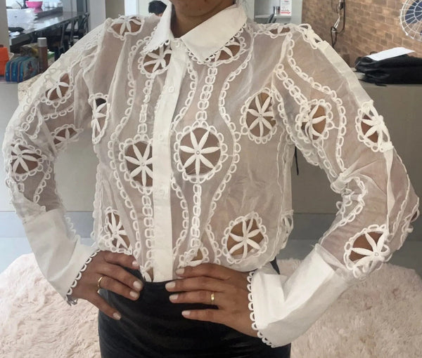 Women White Lace Hollow Out Flower Embroidery Sexy See Through Sheer Mesh  Button Down Shirt Long Sleeve Blouse Top_