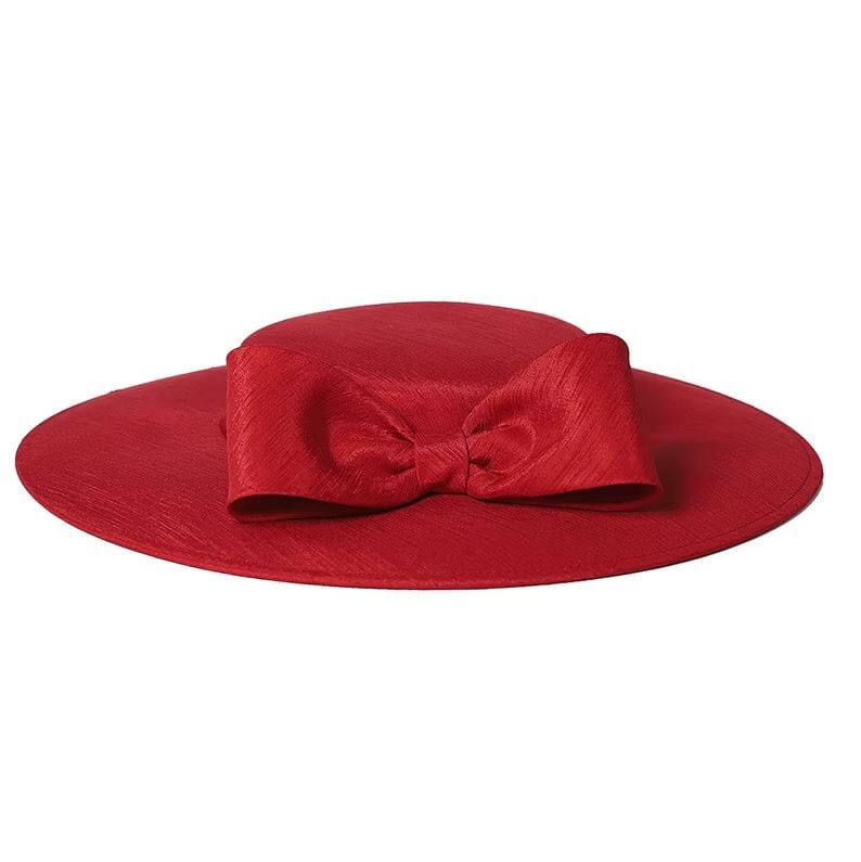 Women Wide Brim Big Bowknot Kentucky Wedding Cocktail Fedora Flat Hat Hat jehouze Dark Red 