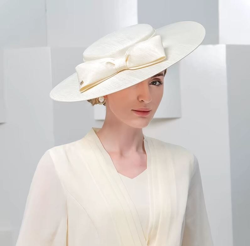 Women Wide Brim Big Bowknot Kentucky Wedding Cocktail Fedora Flat Hat Hat jehouze Light Ivory 