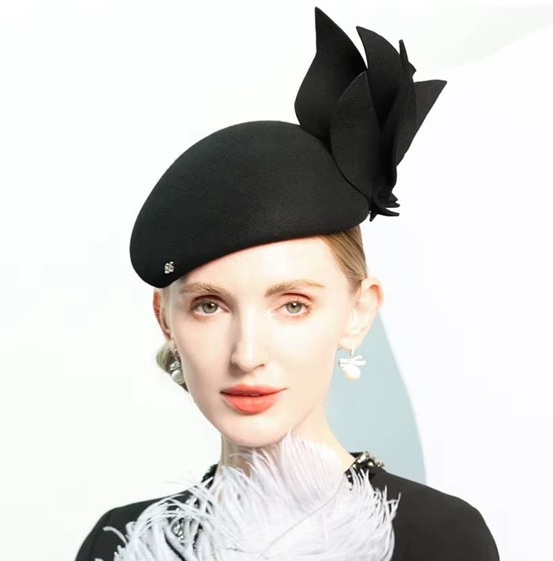Women Wool Vintage Big Flower Church Cocktail Derby Beret Hat Hat jehouze Black 