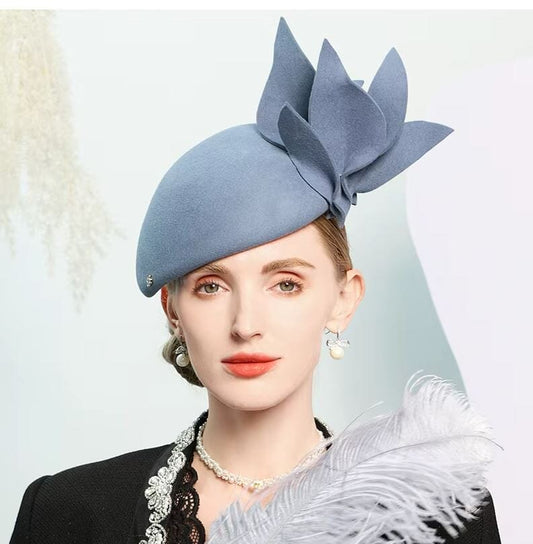 Women Wool Vintage Big Flower Church Cocktail Derby Beret Hat Hat jehouze Blue 