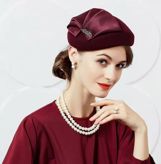 Women Wool Wedding Cocktail Tea party pillbox Brooch Beret Hat Hat jehouze Red 